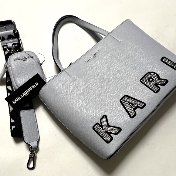 Karl Lagerfeld Tote Satchel Bag Gray Rhinestone Logo + Pouch Crossbody NWT $230 - Picture 2 of 9